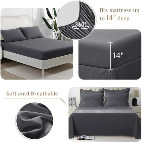 Queen Comforter Set 7 Piece Bed in a Bag Soft Down Alternative Dark Grey - Picture 4 of 7